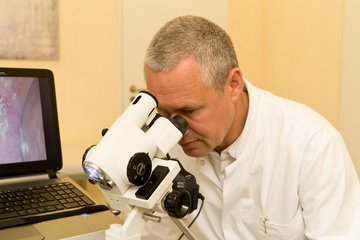 Dr. Kaufmann schaut durch ein Mikroskop